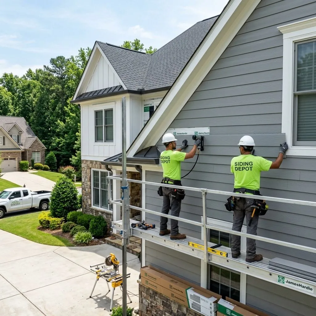Siding Depot professional installation crew installing gray fiber cement lap siding on a traditional home in Atlanta